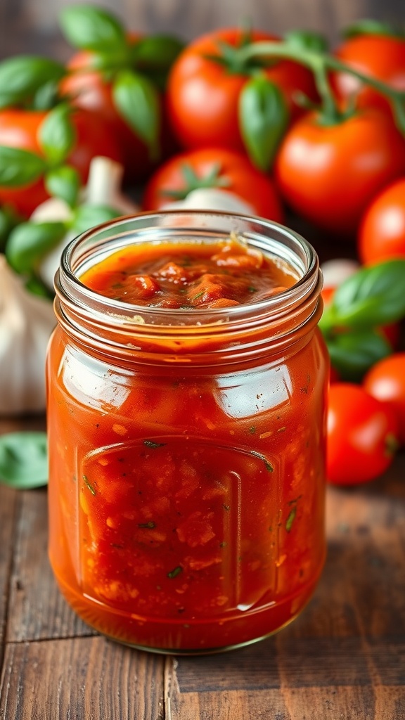 A jar of rich homemade lasagna sauce surrounded by fresh tomatoes, garlic, and basil on a wooden table.